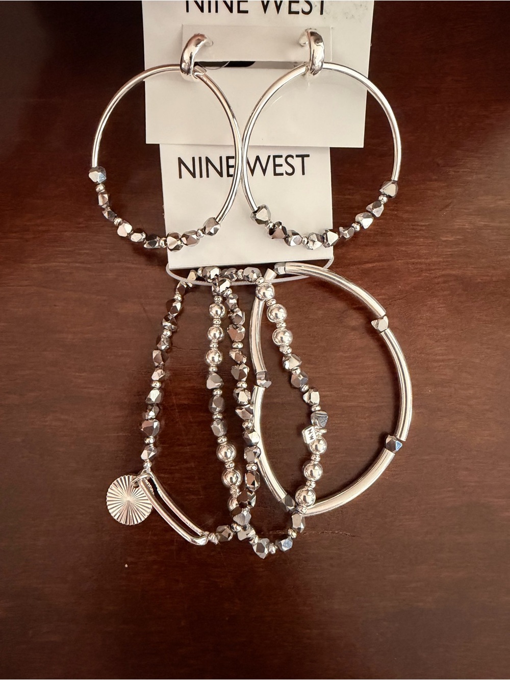 Nine West Silver-Tone Hoop Earrings with Beaded Bracelet Set